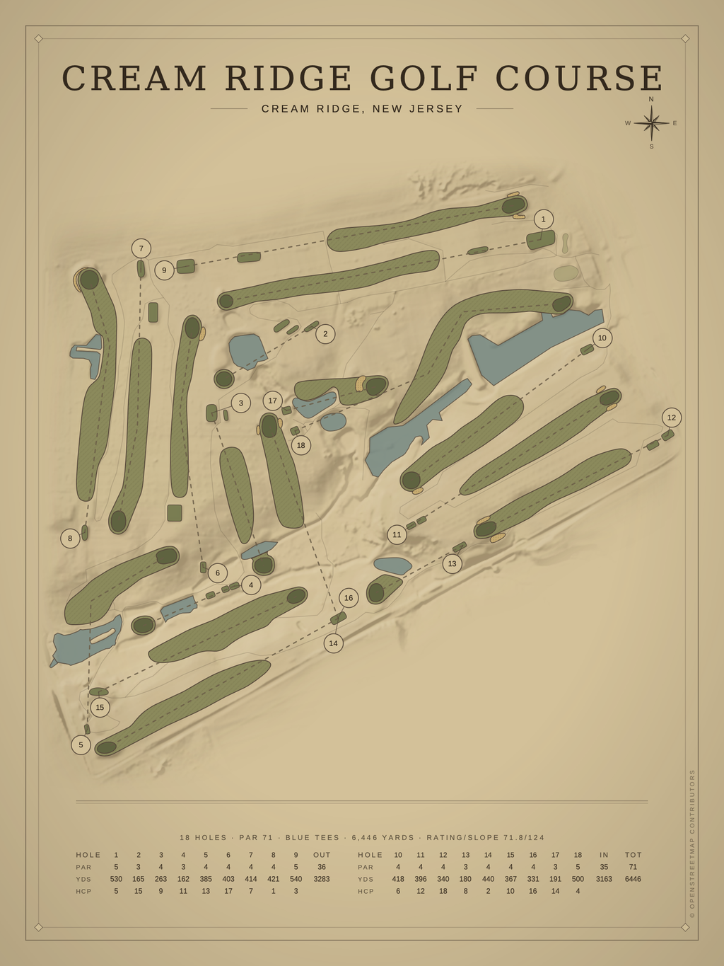 Cream Ridge Golf Course map poster, Vintage style, 12×16 / 18×24
