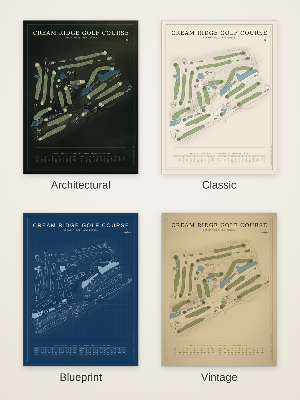 Cream Ridge Golf Course map poster in four styles: Architectural, Classic, Blueprint and Vintage
