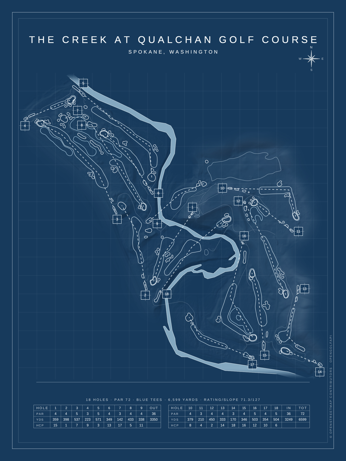 The Creek at Qualchan Golf Course map poster, Blueprint style, 12×16 / 18×24