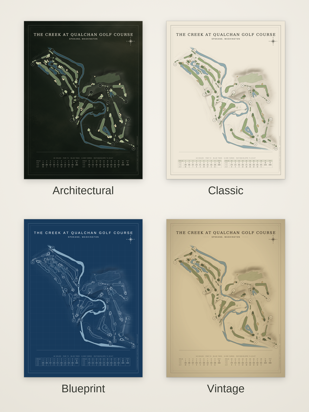 The Creek at Qualchan Golf Course map poster in four styles: Architectural, Classic, Blueprint and Vintage