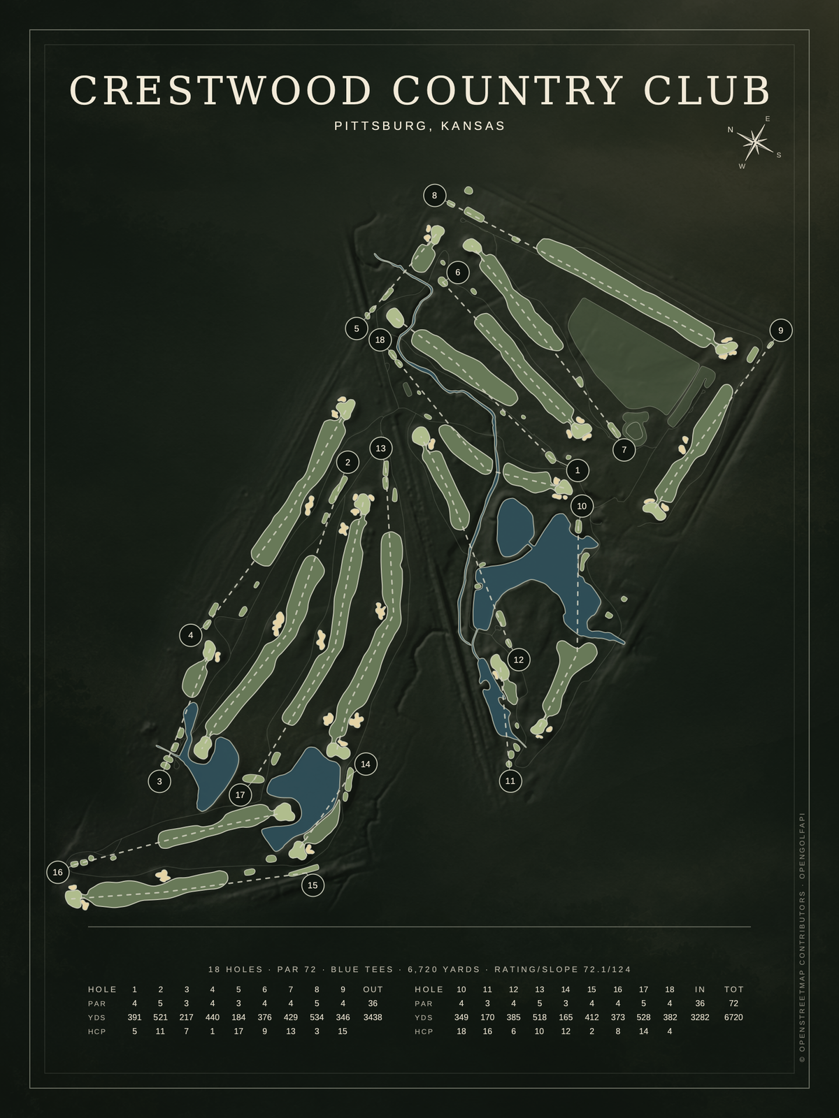 Crestwood Country Club course map poster, Architectural style, 12×16 / 18×24
