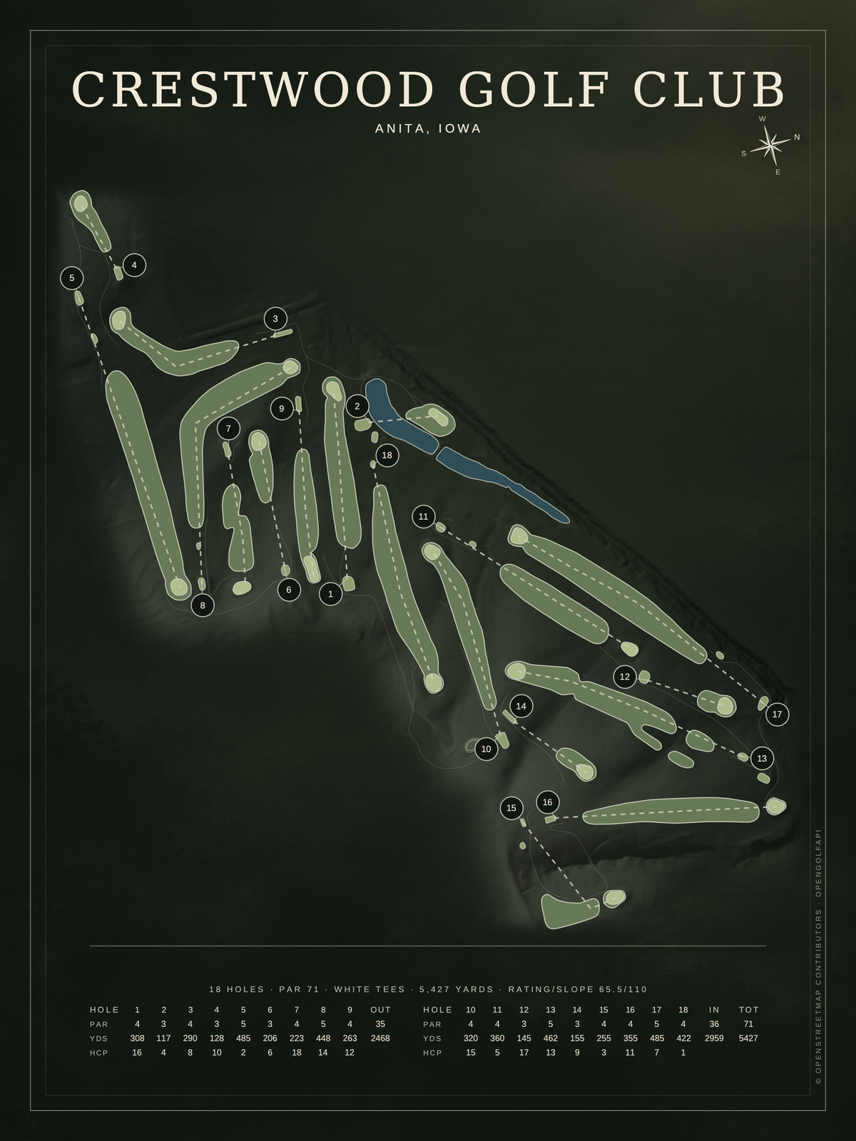 Crestwood Golf Club course map poster, Architectural style, 12×16 / 18×24