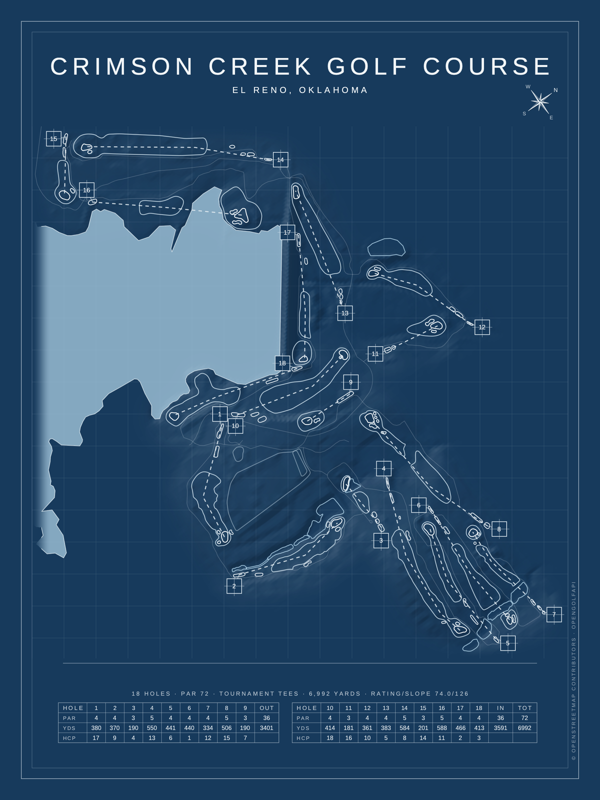 Crimson Creek Golf Course map poster, Blueprint style, 12×16 / 18×24