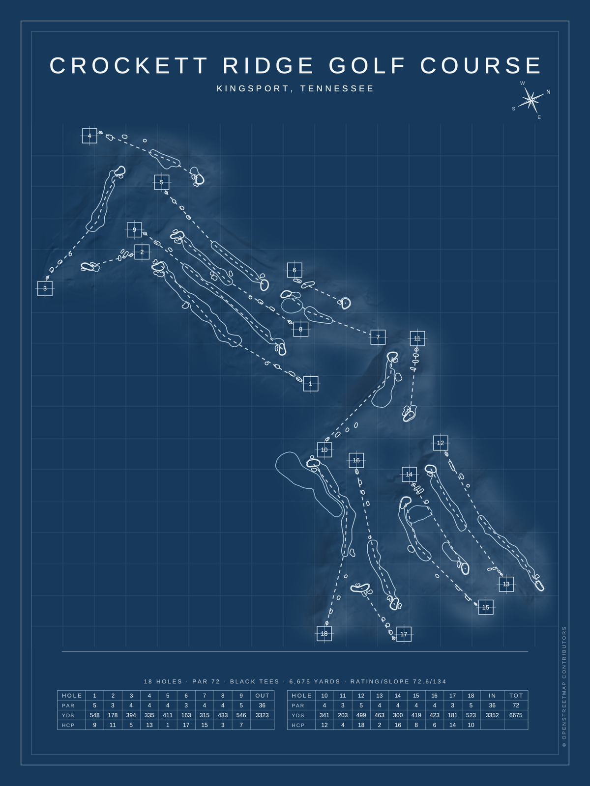 Crockett Ridge Golf Course map poster, Blueprint style, 12×16 / 18×24