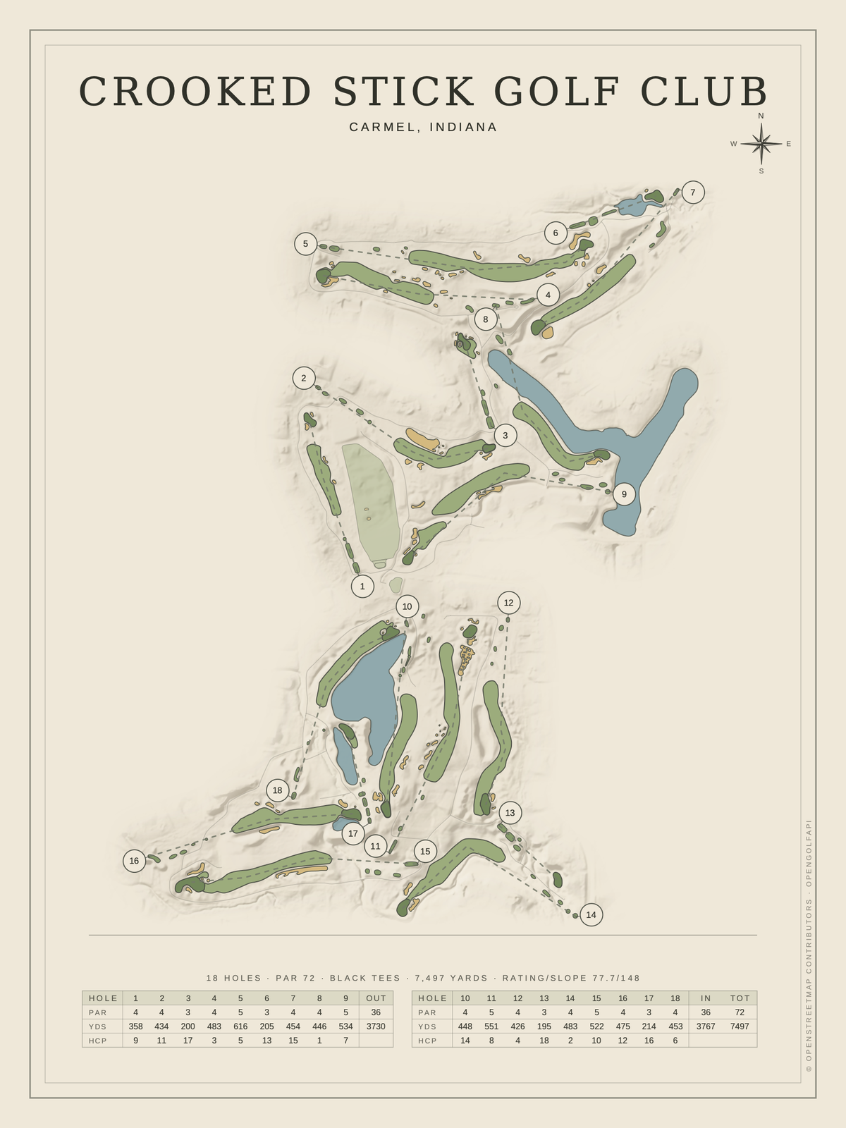 Crooked Stick Golf Club course map poster, Classic style, 12×16 / 18×24