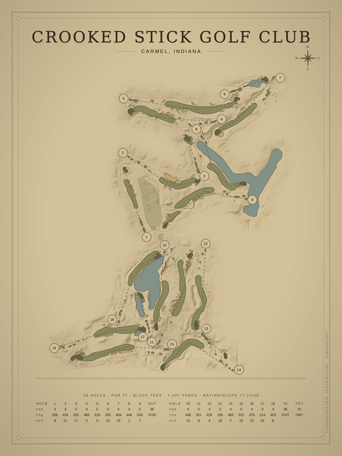 Crooked Stick Golf Club course map poster, Vintage style, 12×16 / 18×24