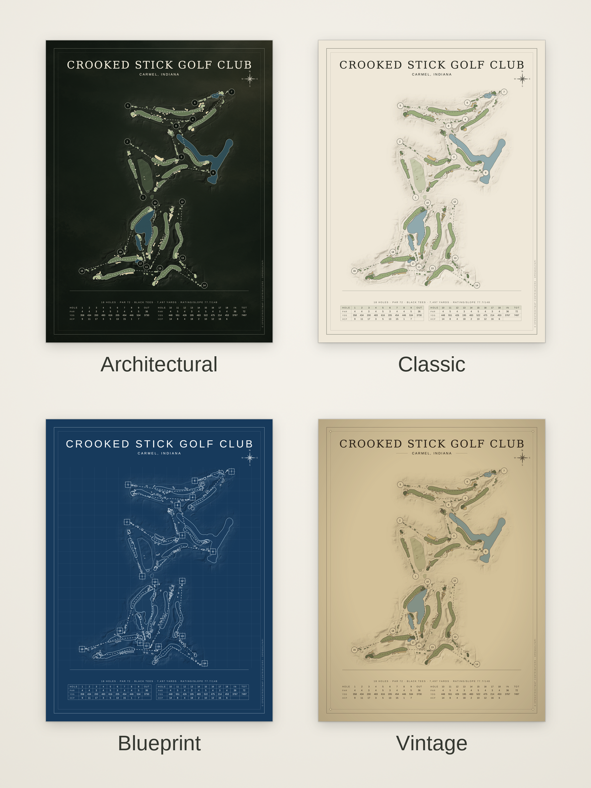 Crooked Stick Golf Club course map poster in four styles: Architectural, Classic, Blueprint and Vintage
