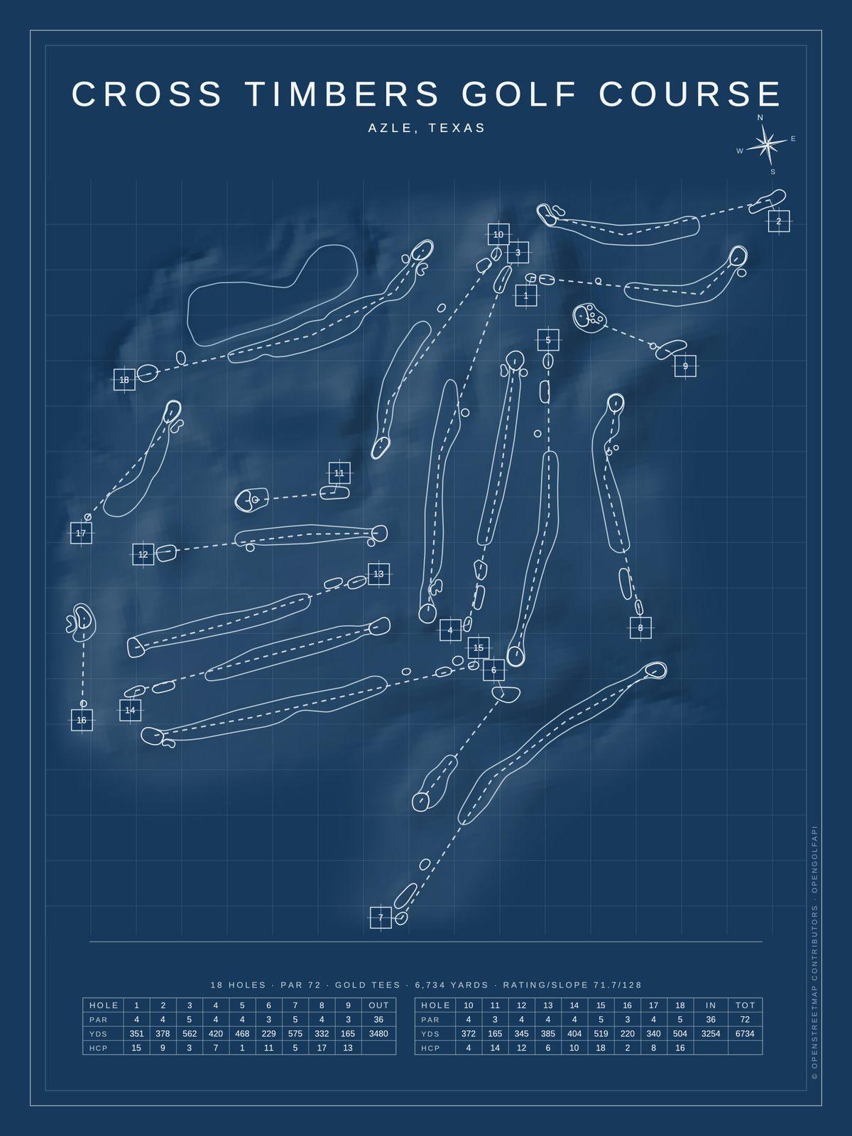Cross Timbers Golf Course map poster, Blueprint style, 12×16 / 18×24