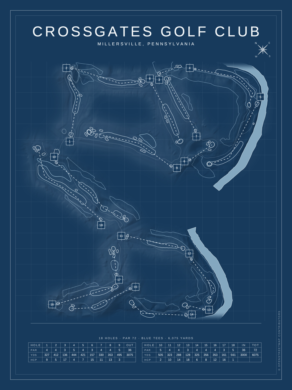 Crossgates Golf Club course map poster, Blueprint style, 12×16 / 18×24