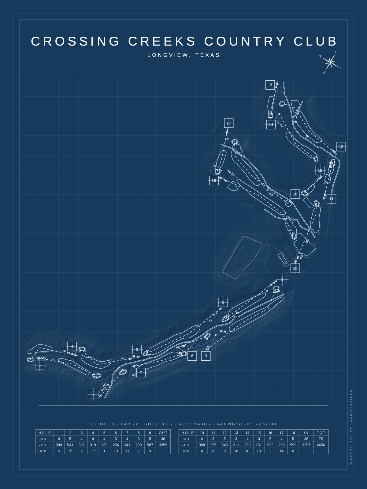 Crossing Creeks Country Club course map poster, Blueprint style, 12×16 / 18×24
