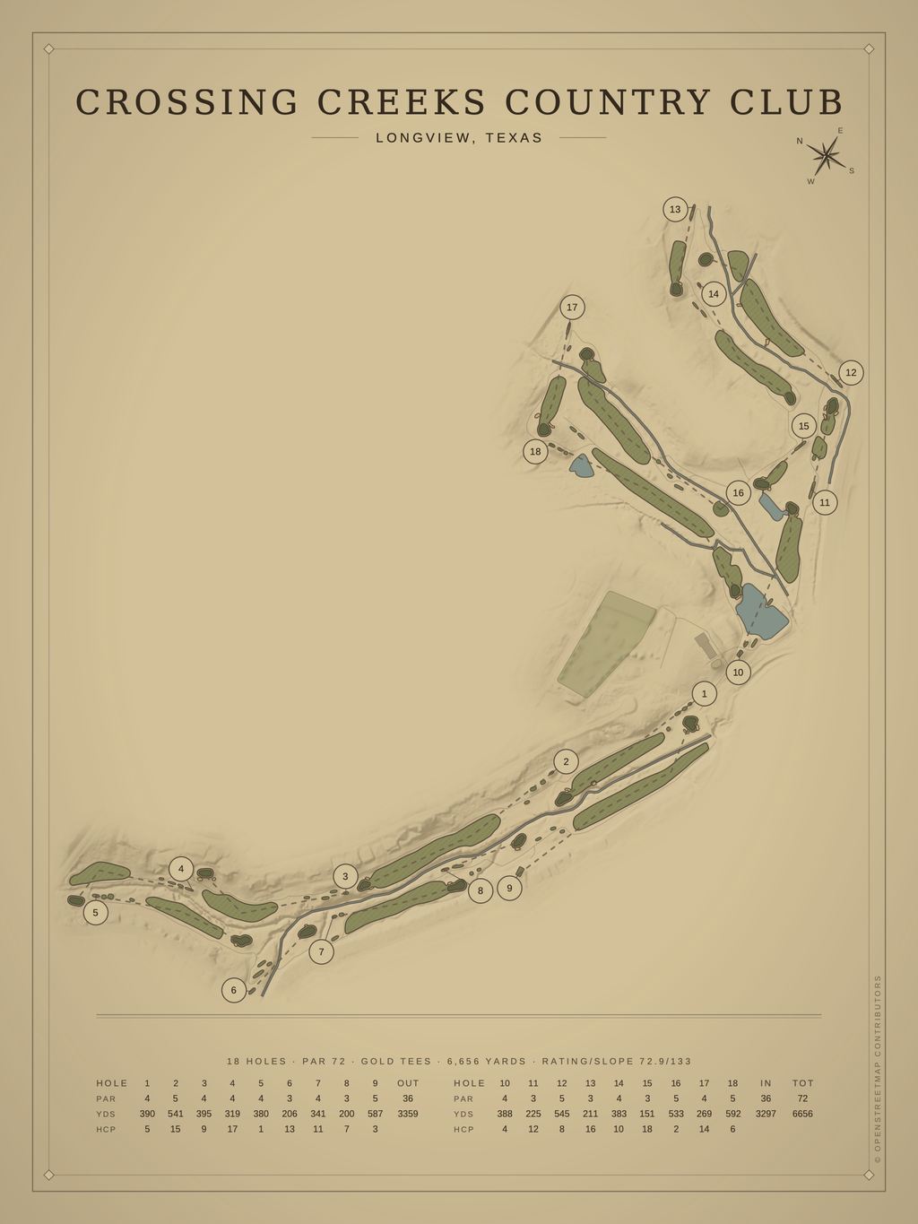 Crossing Creeks Country Club course map poster, Vintage style, 12×16 / 18×24