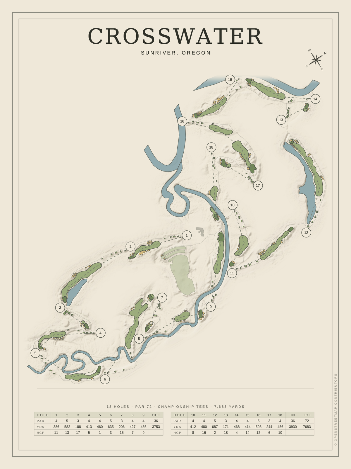 Crosswater course map poster, Classic style, 12×16 / 18×24