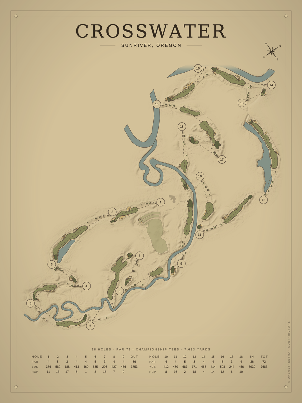Crosswater course map poster, Vintage style, 12×16 / 18×24
