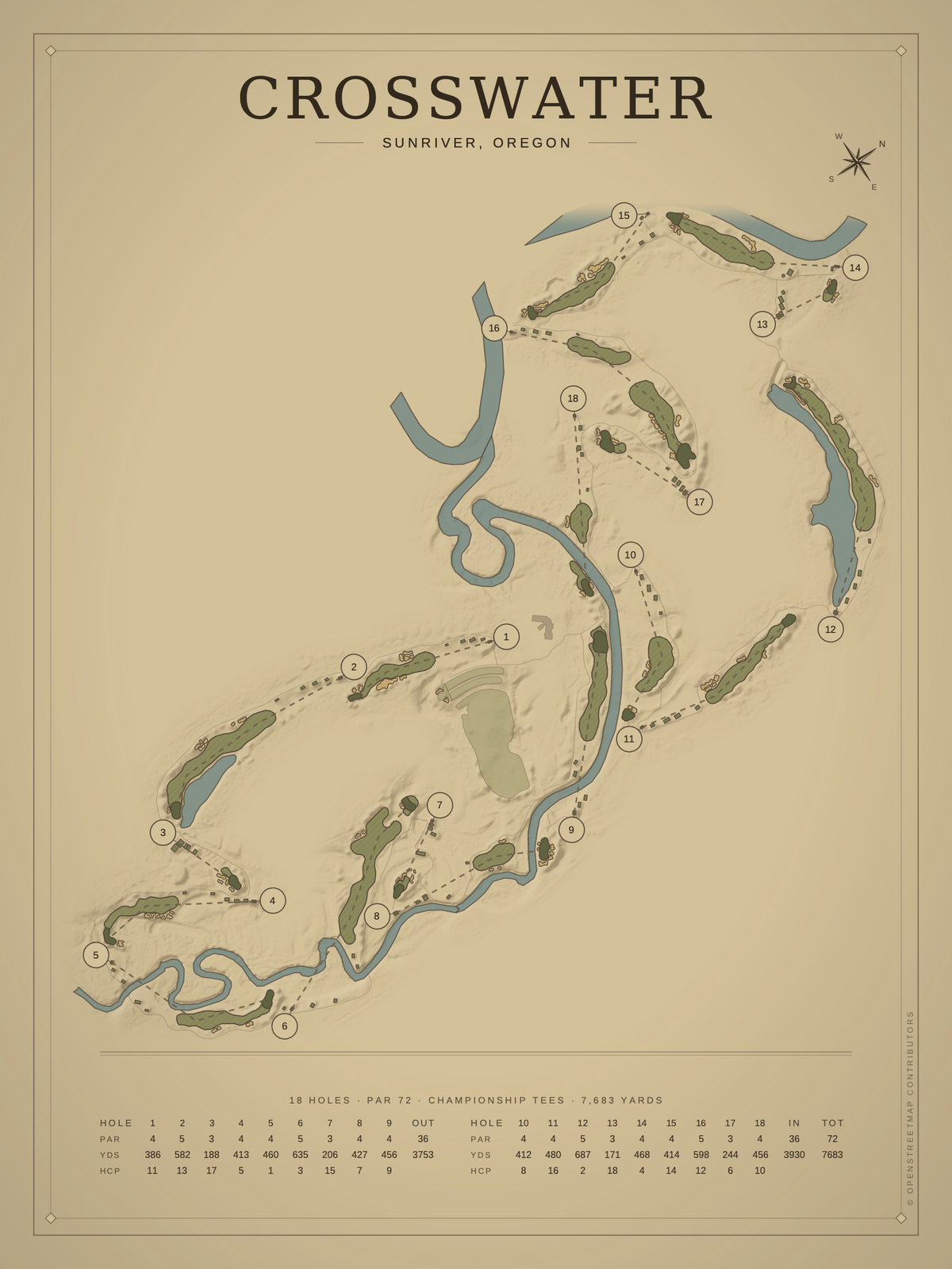 Crosswater course map poster, Vintage style, 12×16 / 18×24