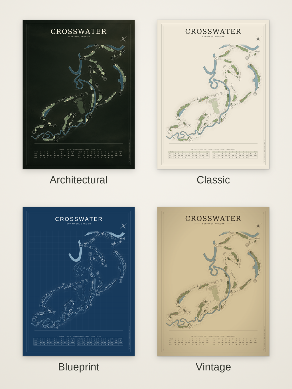 Crosswater course map poster in four styles: Architectural, Classic, Blueprint and Vintage