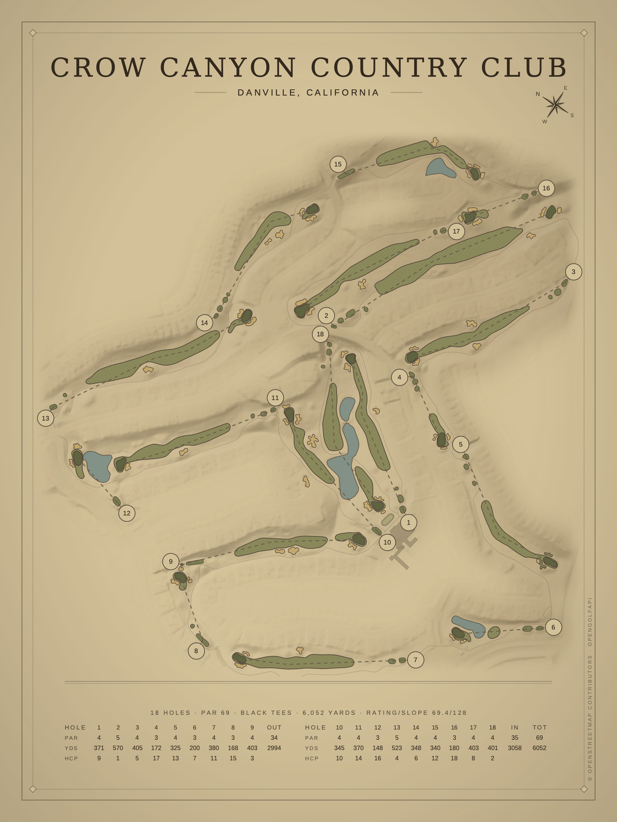 Crow Canyon Country Club course map poster, Vintage style, 12×16 / 18×24