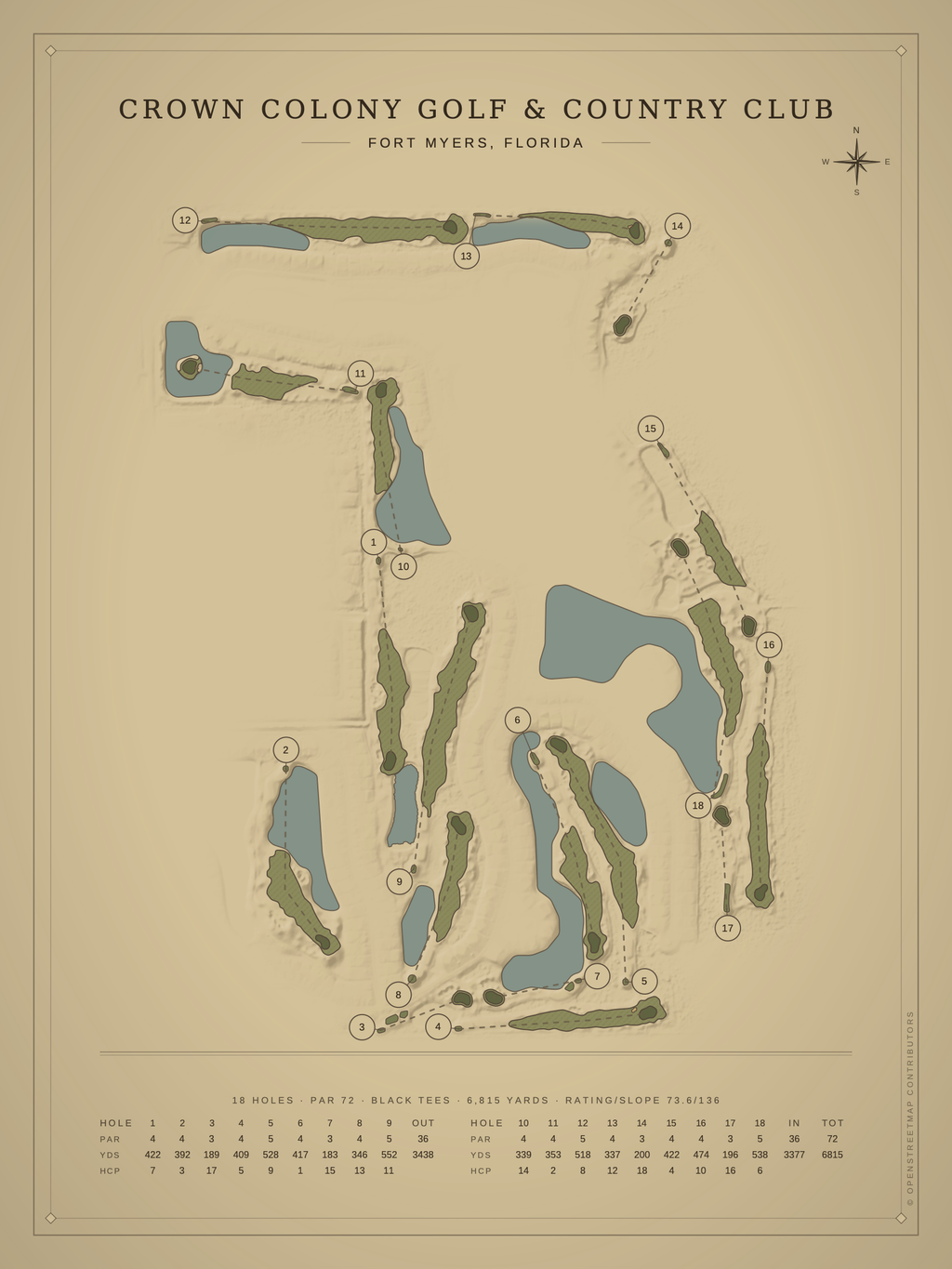 Crown Colony Golf & Country Club course map poster, Vintage style, 12×16 / 18×24