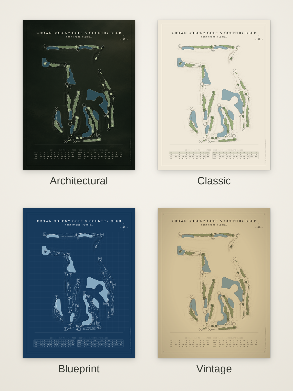 Crown Colony Golf & Country Club course map poster in four styles: Architectural, Classic, Blueprint and Vintage