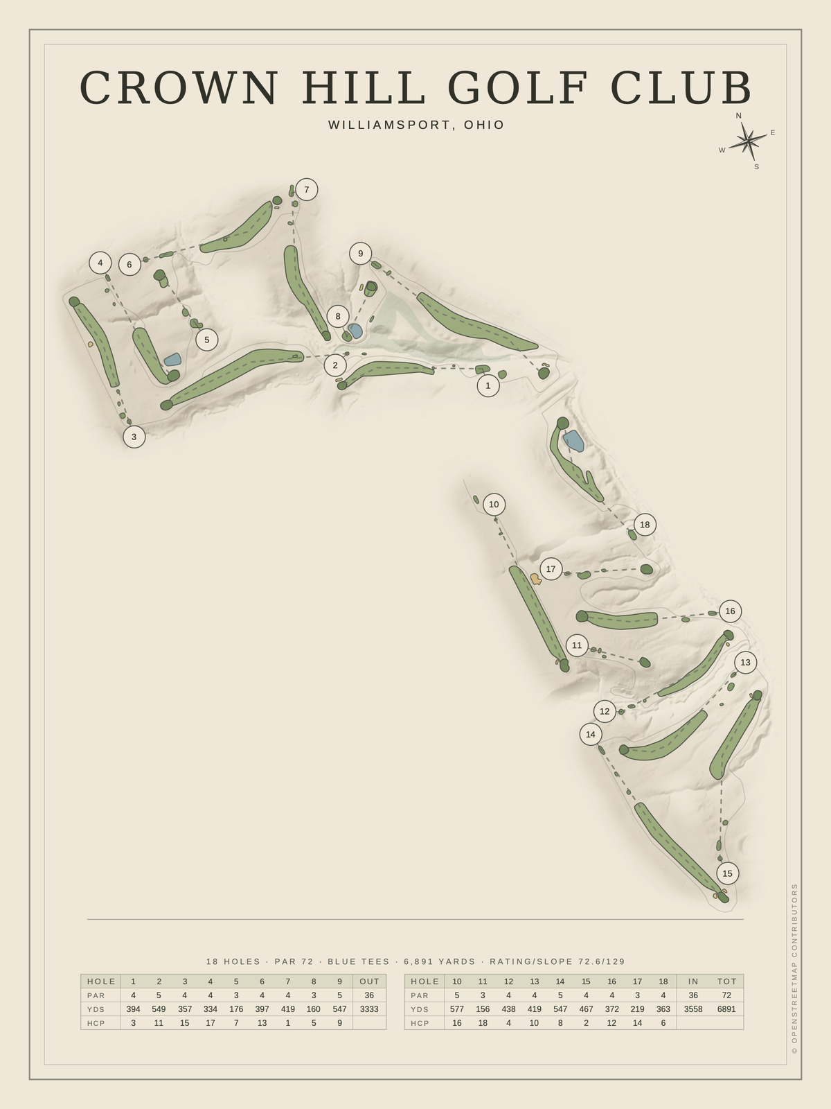 Crown Hill Golf Club course map poster, Classic style, 12×16 / 18×24