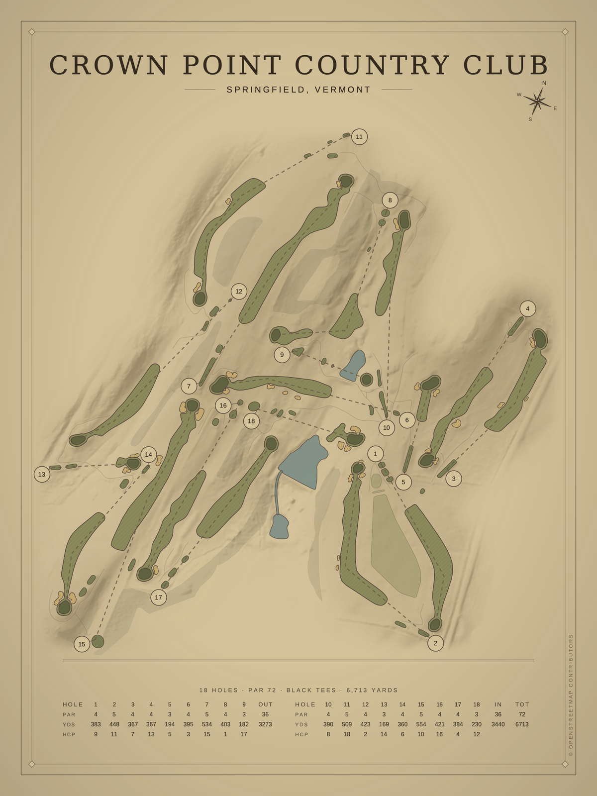 Crown Point Country Club course map poster, Vintage style, 12×16 / 18×24