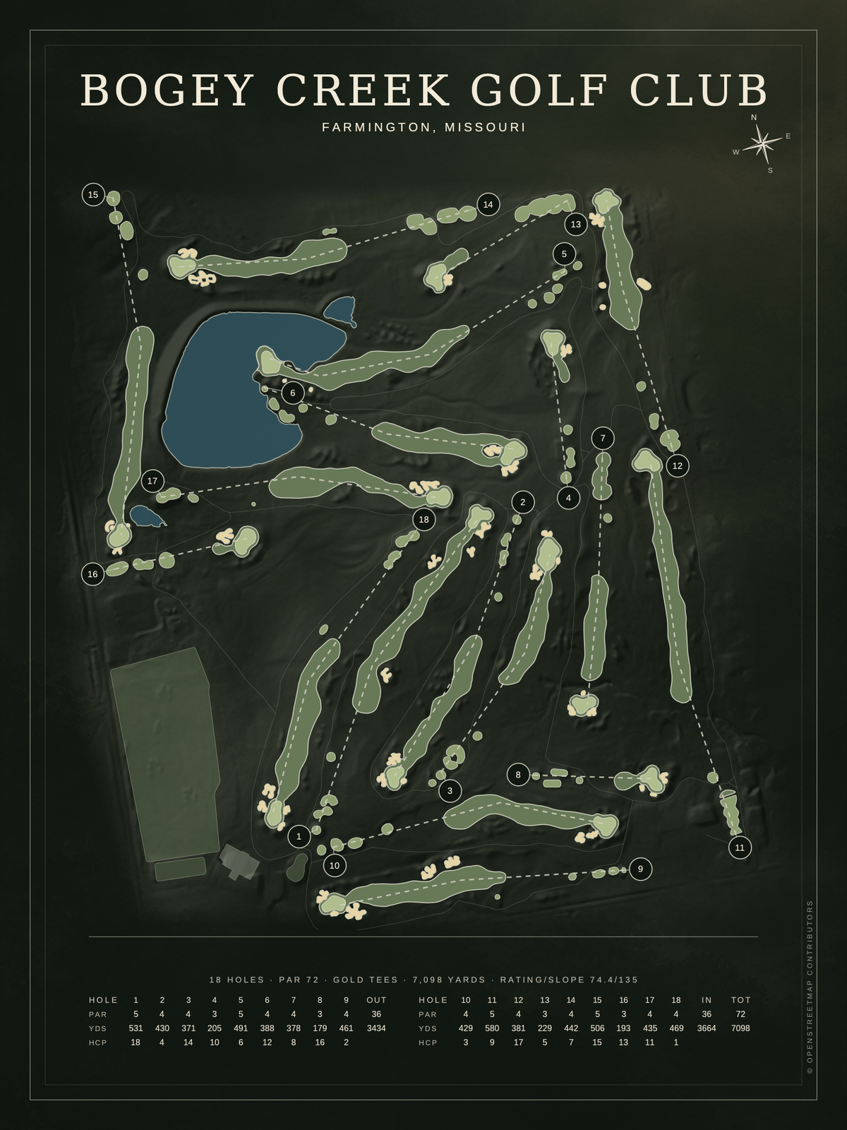 Bogey Creek Golf Club course map poster, Architectural style, 12×16 / 18×24