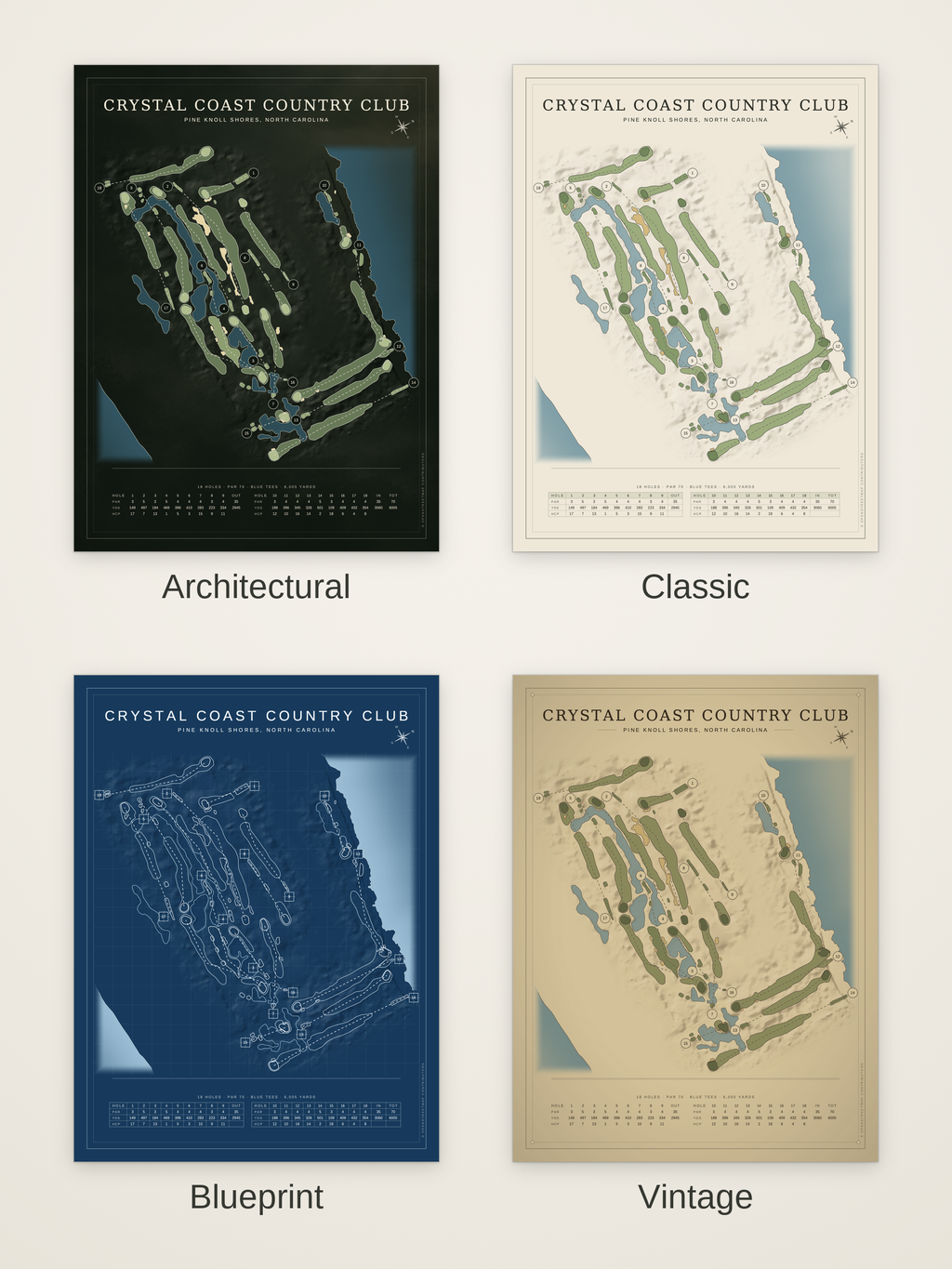 Crystal Coast Country Club course map poster in four styles: Architectural, Classic, Blueprint and Vintage