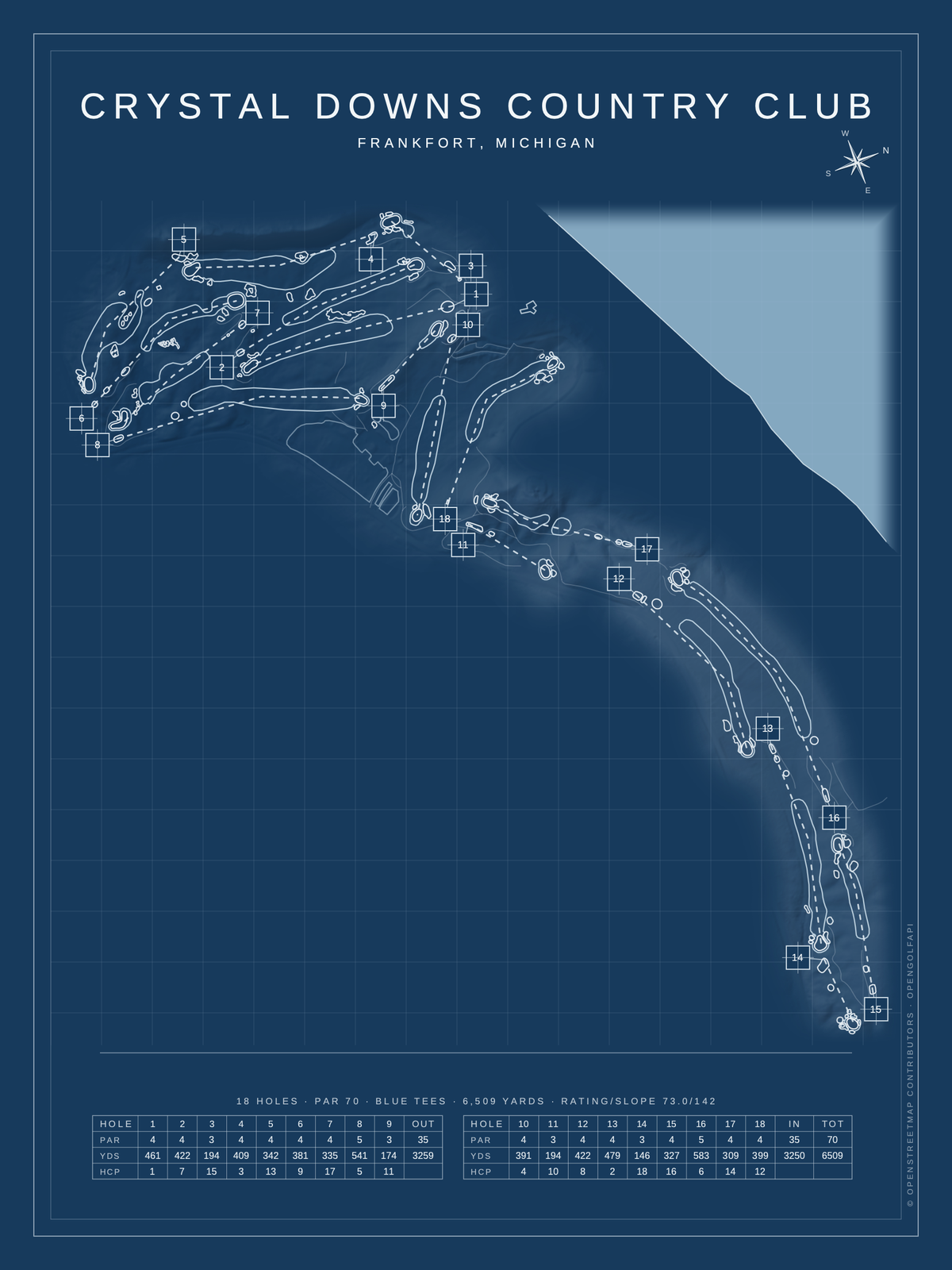 Crystal Downs Country Club course map poster, Blueprint style, 12×16 / 18×24