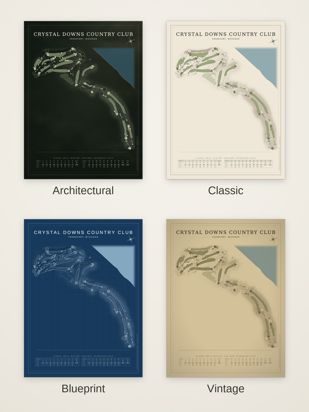 Crystal Downs Country Club course map poster in four styles: Architectural, Classic, Blueprint and Vintage