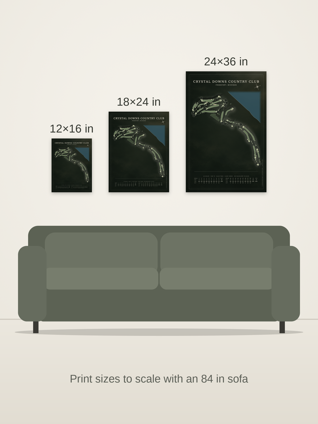Crystal Downs Country Club course map poster in the Architectural style at 12×16, 18×24 and 24×36 inches, shown to scale on a wall above an 84-inch sofa