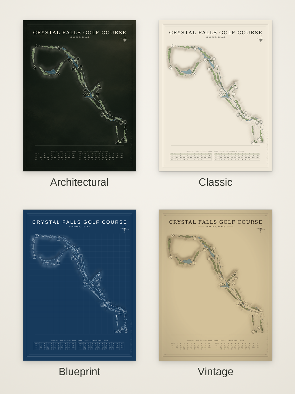 Crystal Falls Golf Course map poster in four styles: Architectural, Classic, Blueprint and Vintage