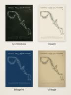 Crystal Falls Golf Course map poster in four styles: Architectural, Classic, Blueprint and Vintage