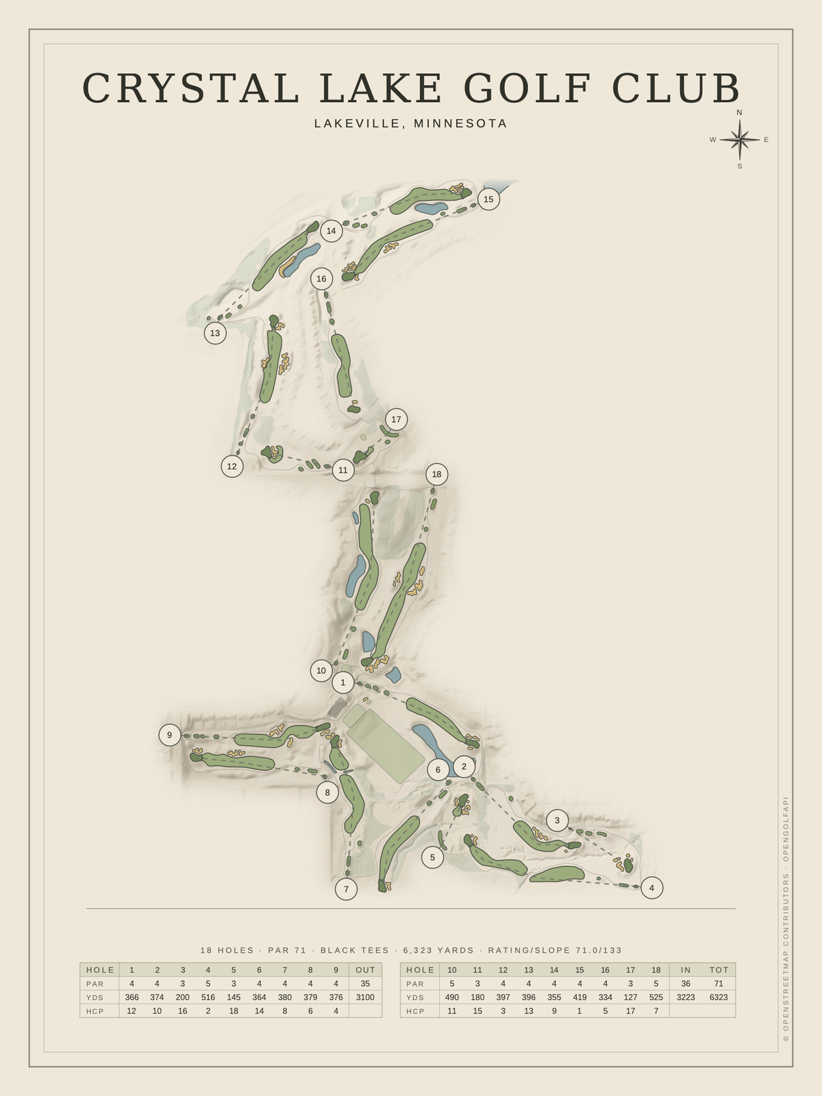 Crystal Lake Golf Club course map poster, Classic style, 12×16 / 18×24