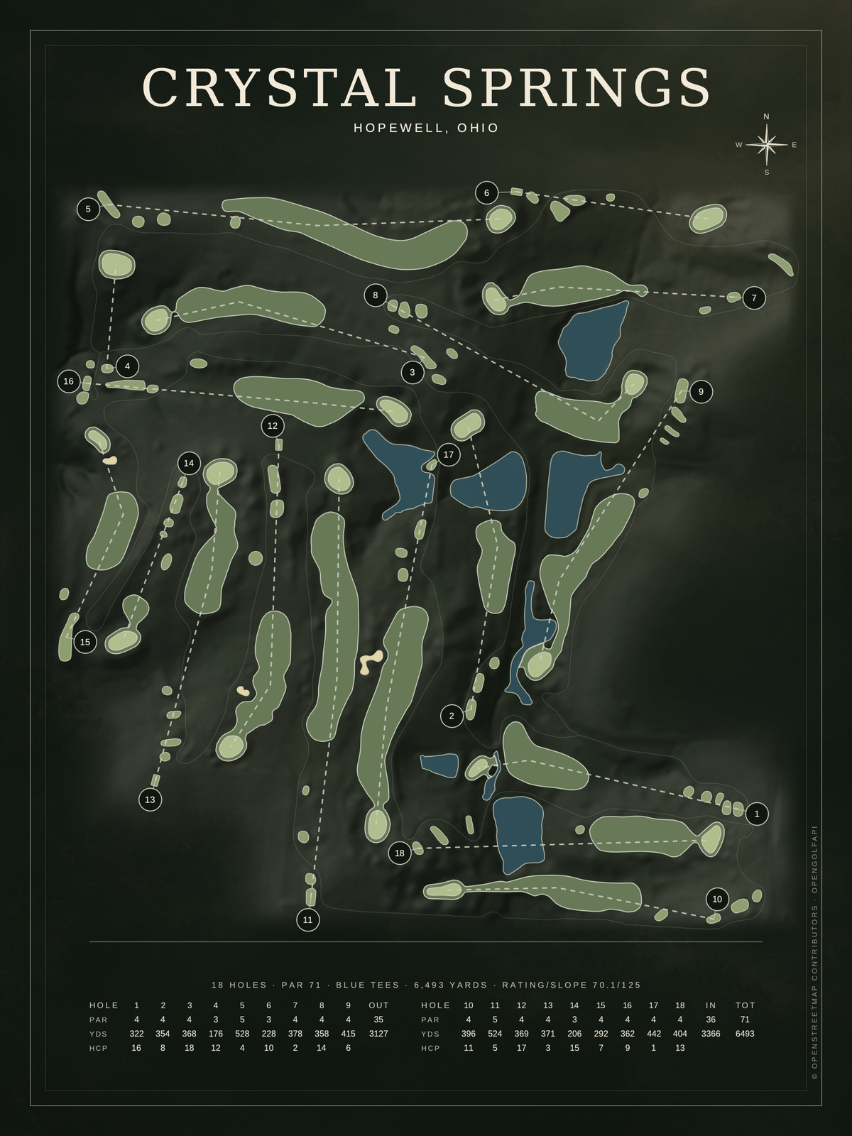 Crystal Springs course map poster, Architectural style, 12×16 / 18×24