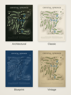 Crystal Springs course map poster in four styles: Architectural, Classic, Blueprint and Vintage