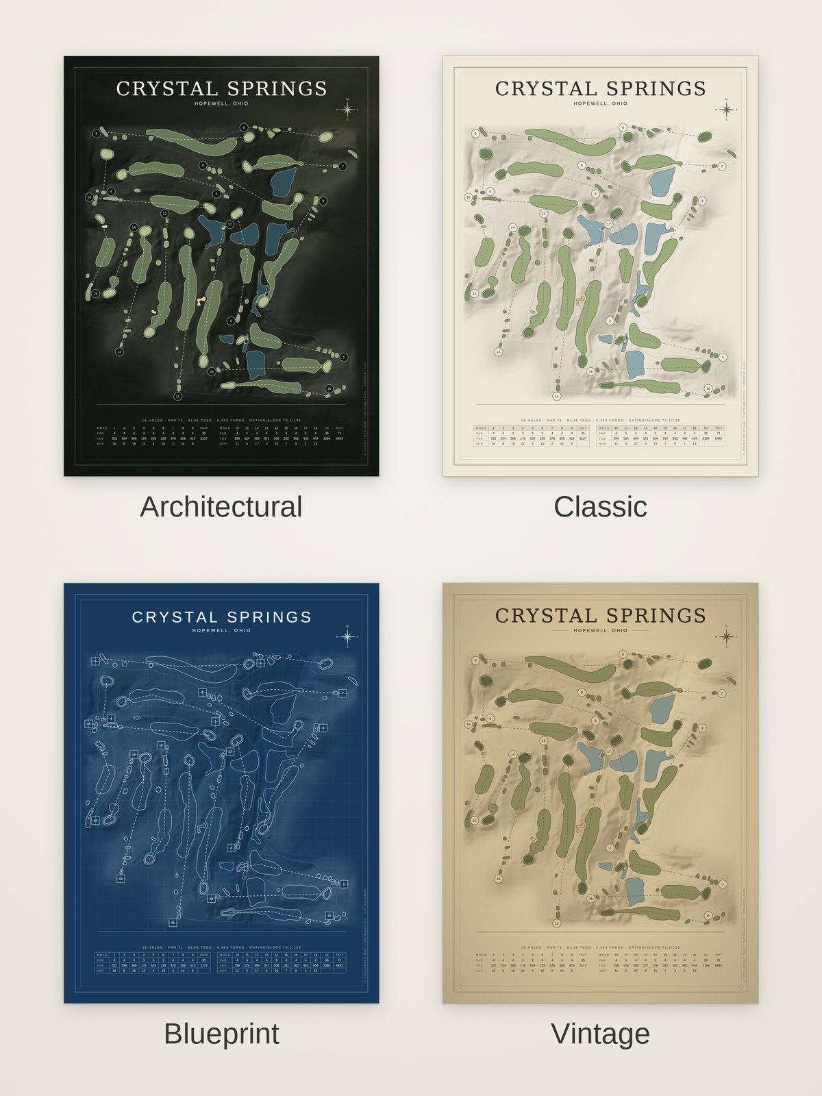 Crystal Springs course map poster in four styles: Architectural, Classic, Blueprint and Vintage