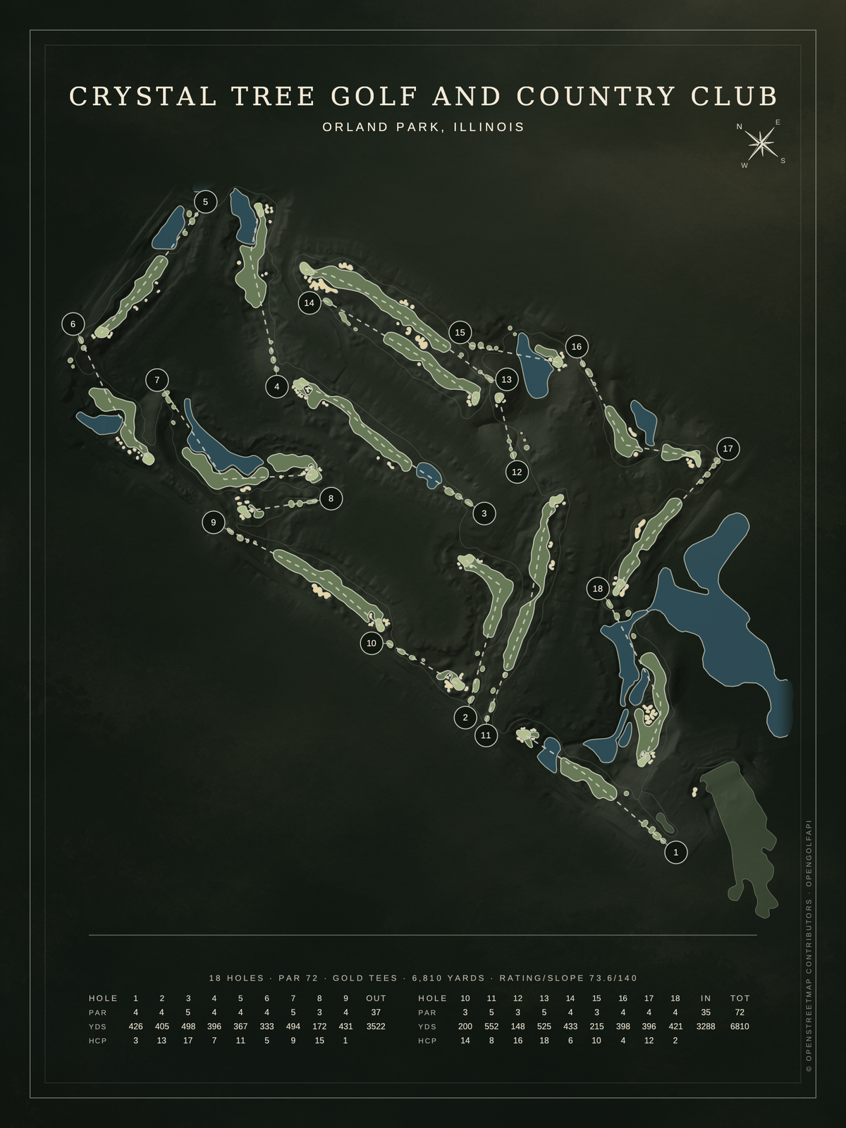 Crystal Tree Golf and Country Club course map poster, Architectural style, 12×16 / 18×24