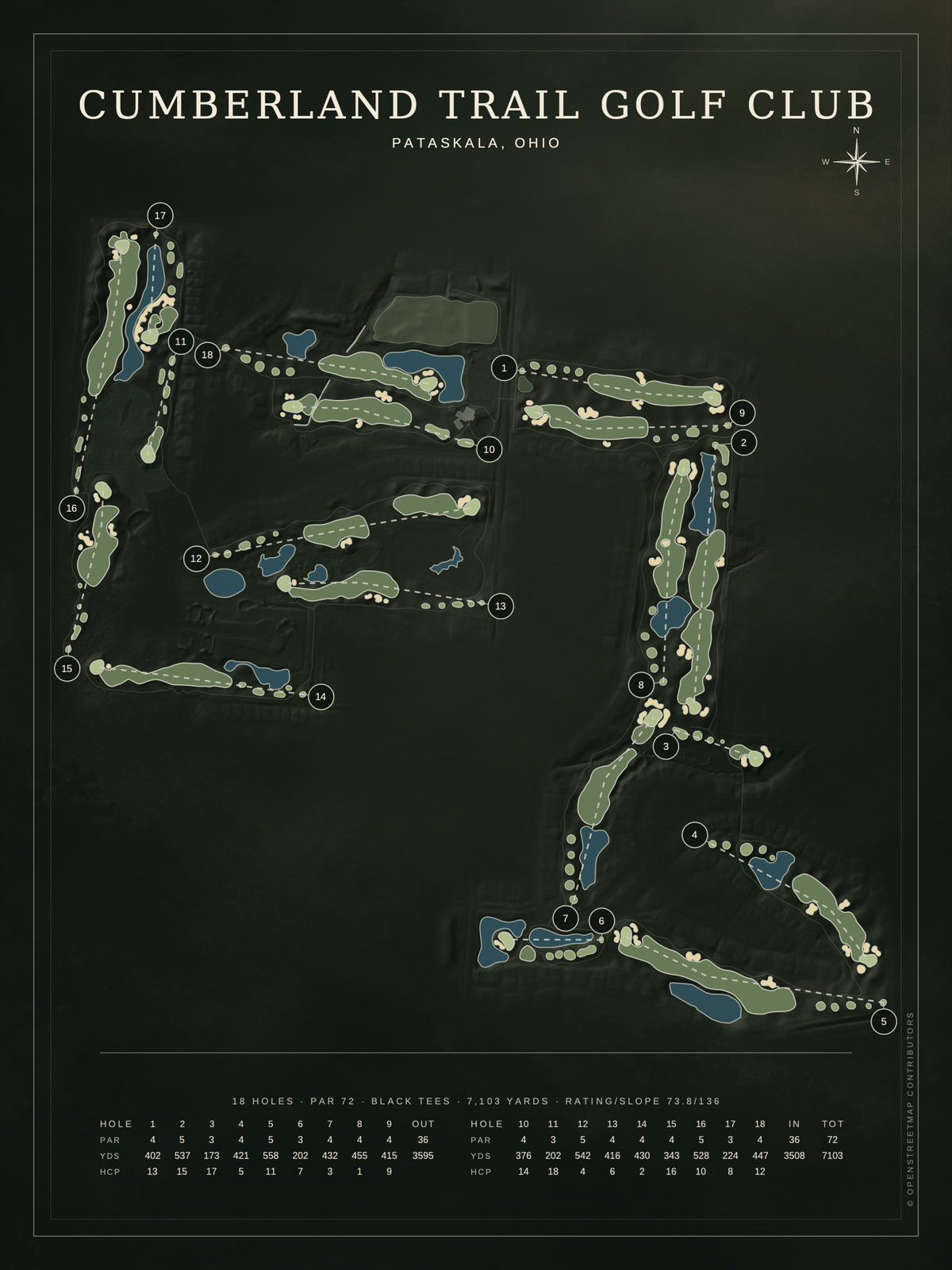Cumberland Trail Golf Club course map poster, Architectural style, 12×16 / 18×24