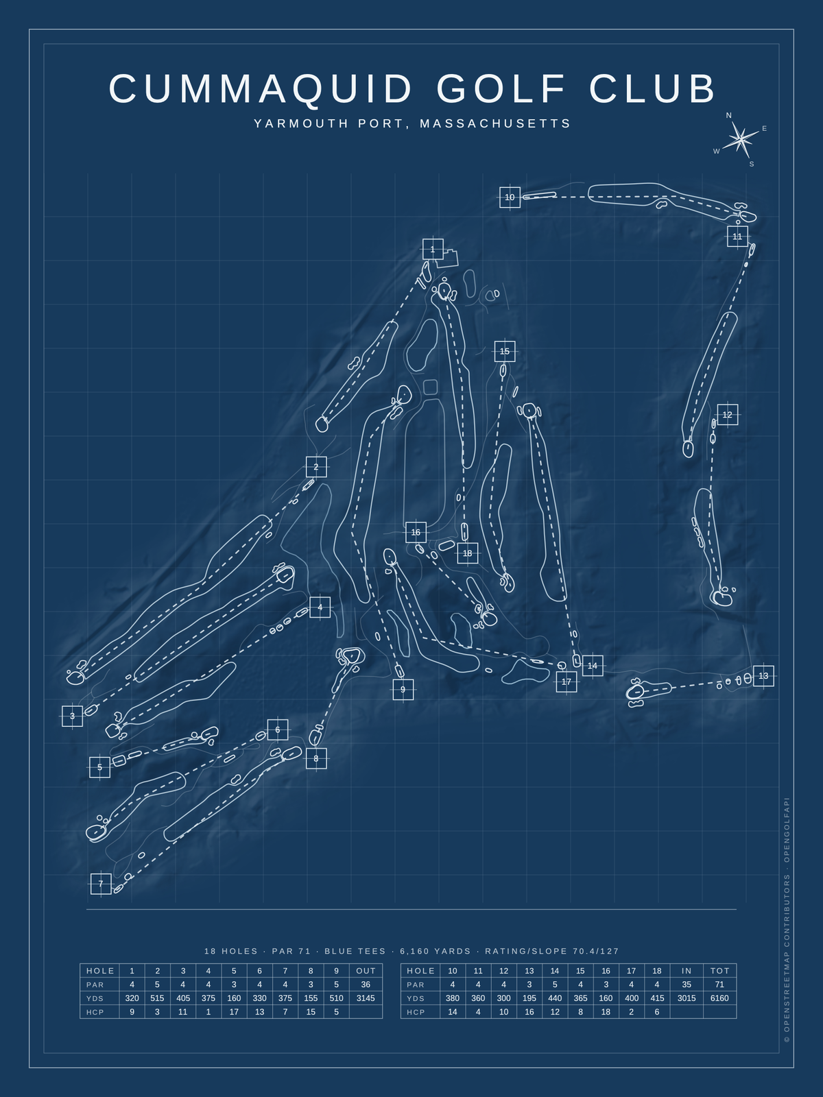 Cummaquid Golf Club course map poster, Blueprint style, 12×16 / 18×24