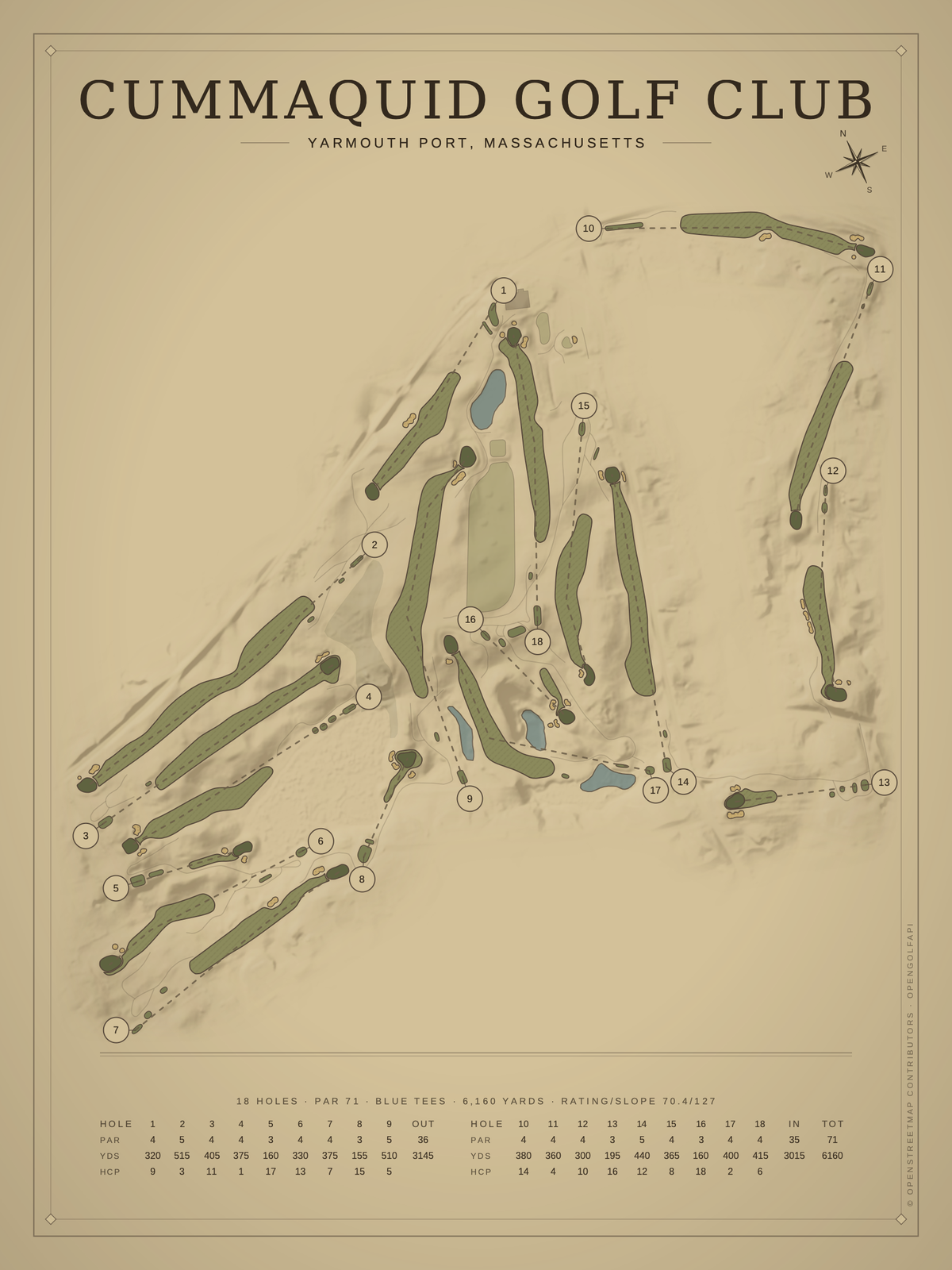 Cummaquid Golf Club course map poster, Vintage style, 12×16 / 18×24