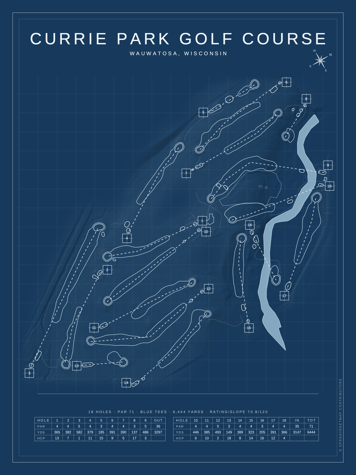 Currie Park Golf Course map poster, Blueprint style, 12×16 / 18×24