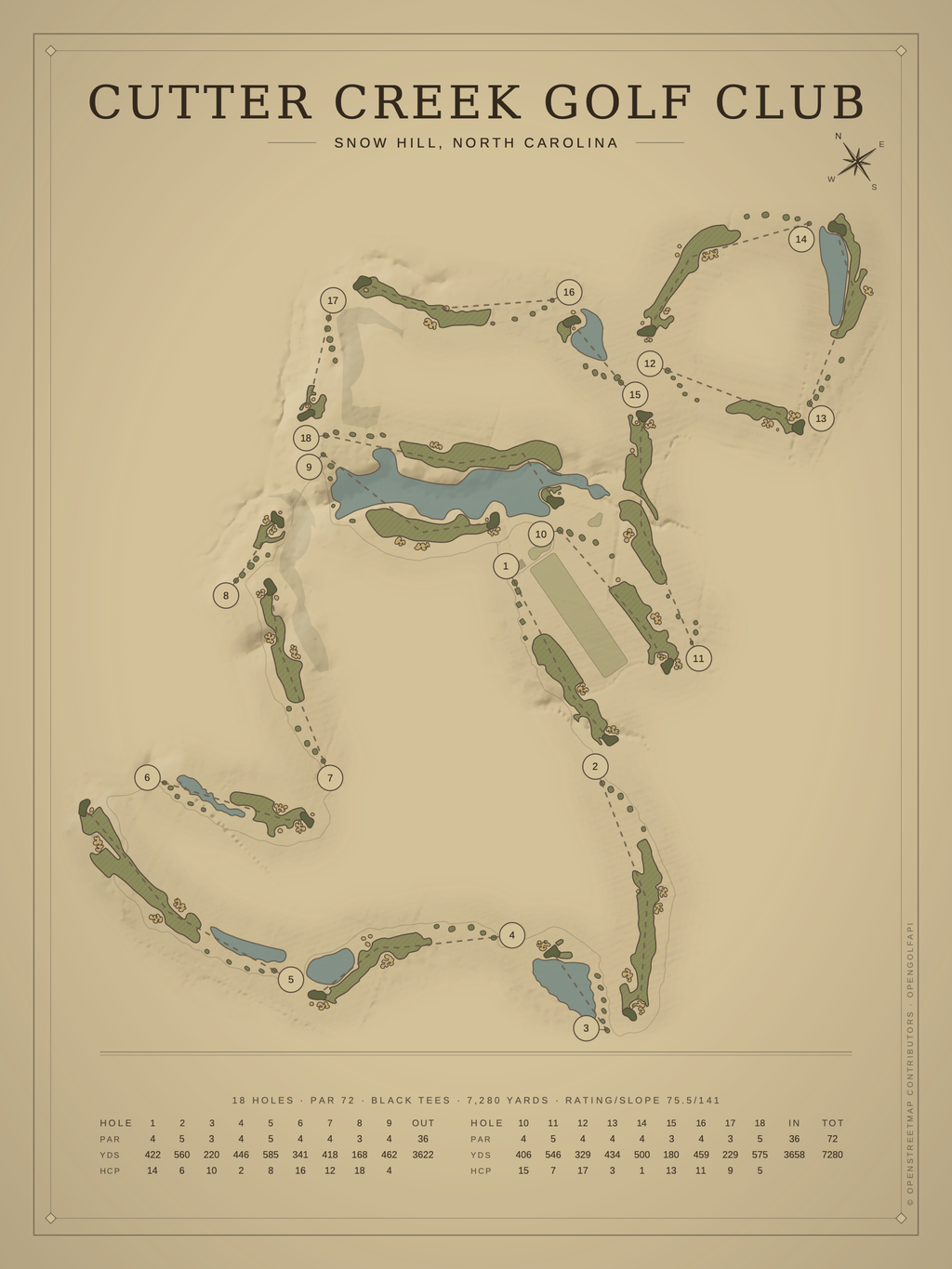 Cutter Creek Golf Club course map poster, Vintage style, 12×16 / 18×24