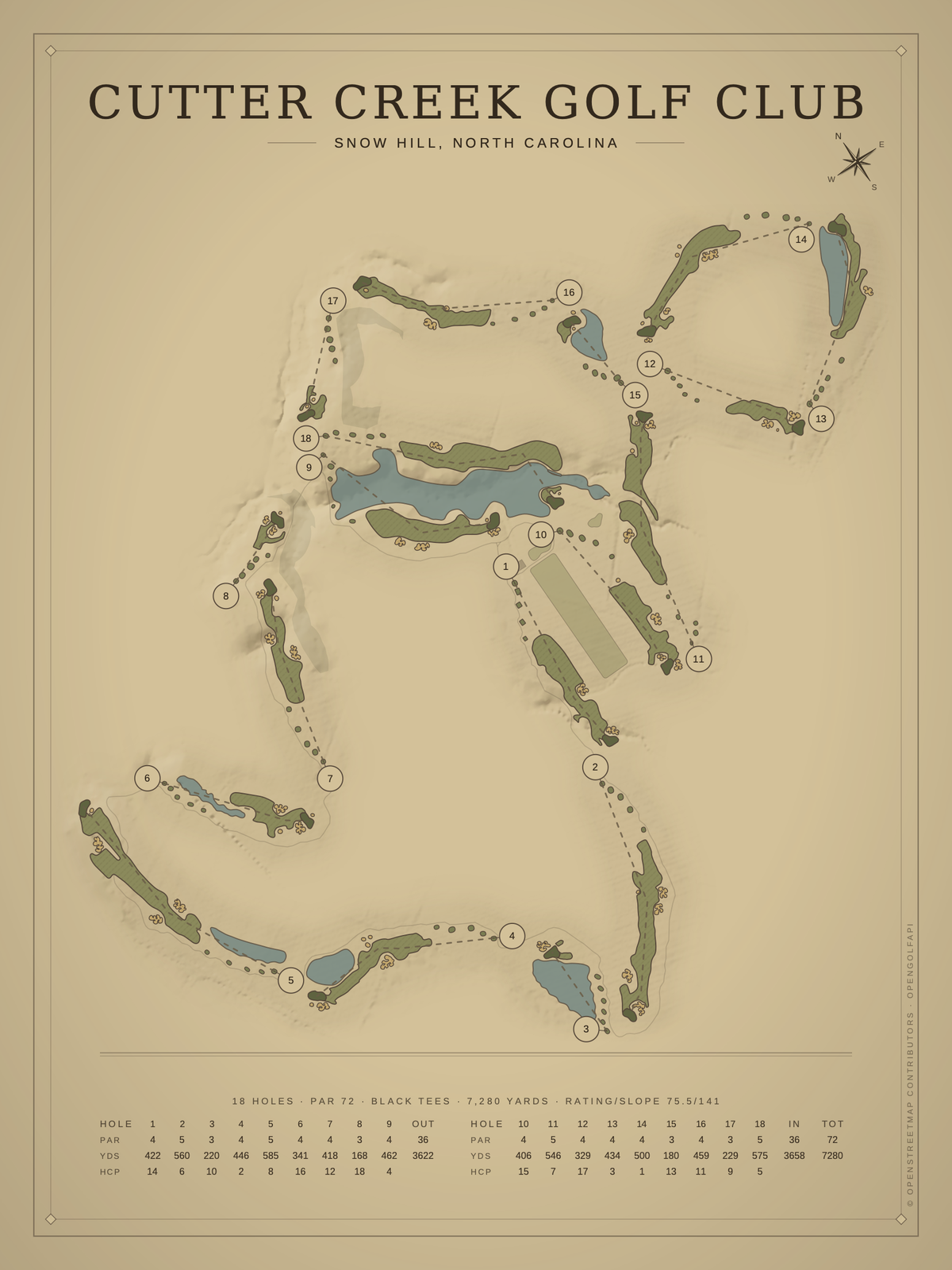 Cutter Creek Golf Club course map poster, Vintage style, 12×16 / 18×24