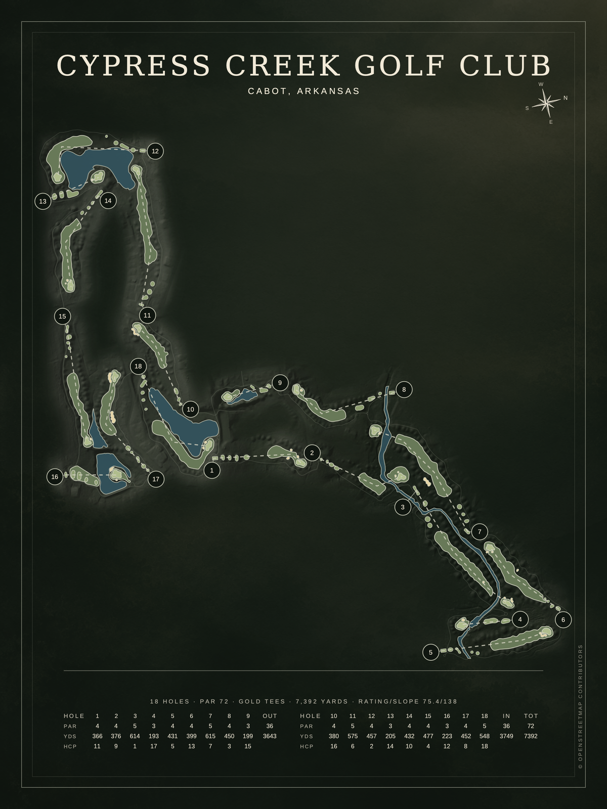 Cypress Creek Golf Club course map poster, Architectural style, 12×16 / 18×24