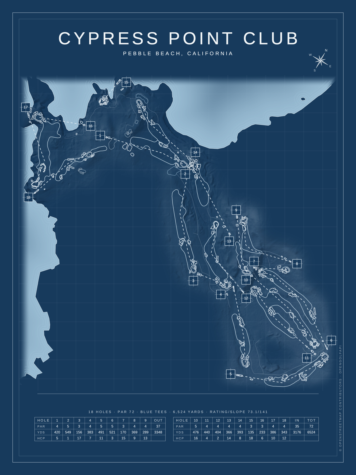 Cypress Point Club course map poster, Blueprint style, 12×16 / 18×24