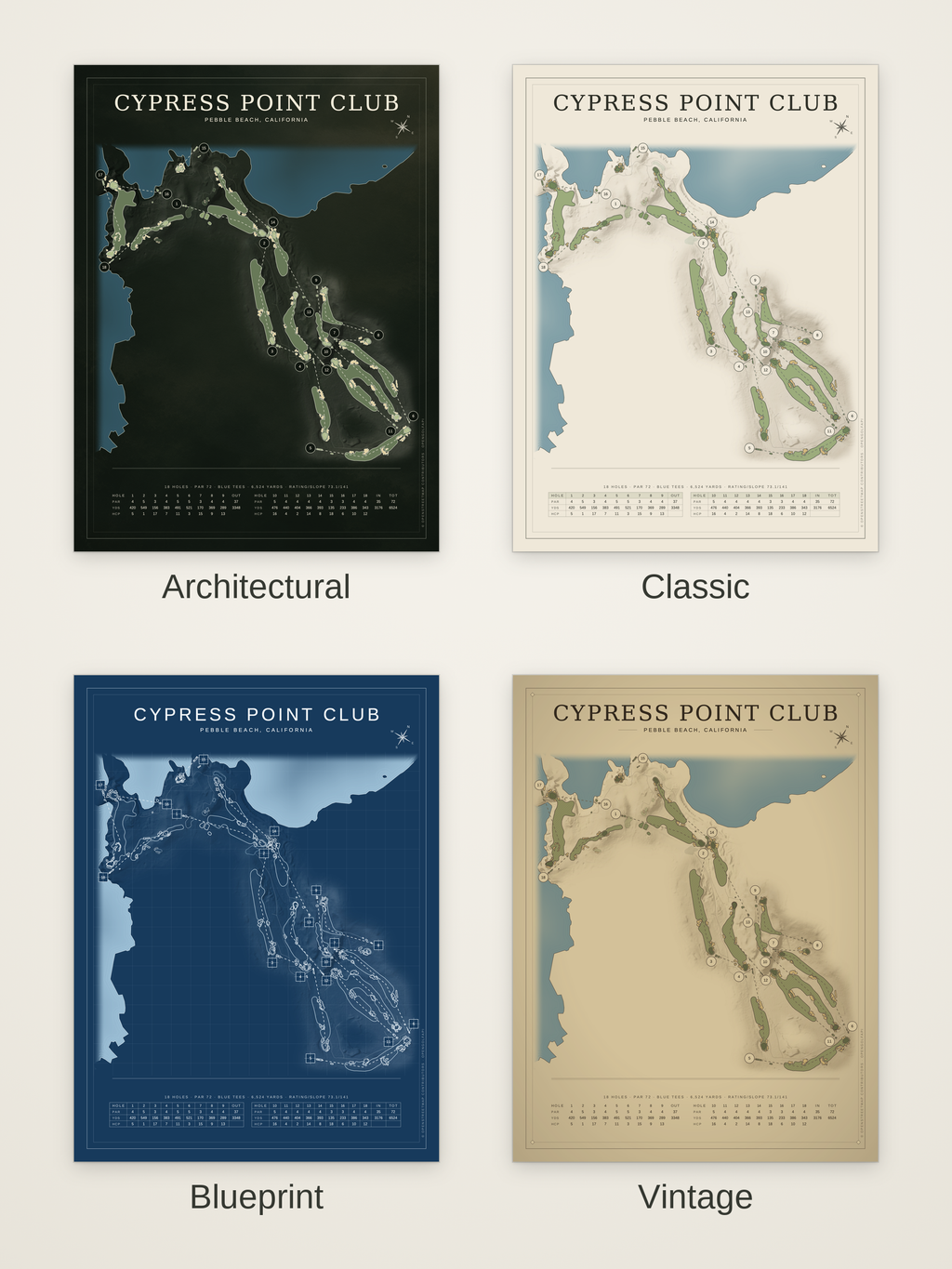 Cypress Point Club course map poster in four styles: Architectural, Classic, Blueprint and Vintage