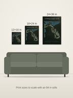 Cypress Point Club course map poster in the Architectural style at 12×16, 18×24 and 24×36 inches, shown to scale on a wall above an 84-inch sofa