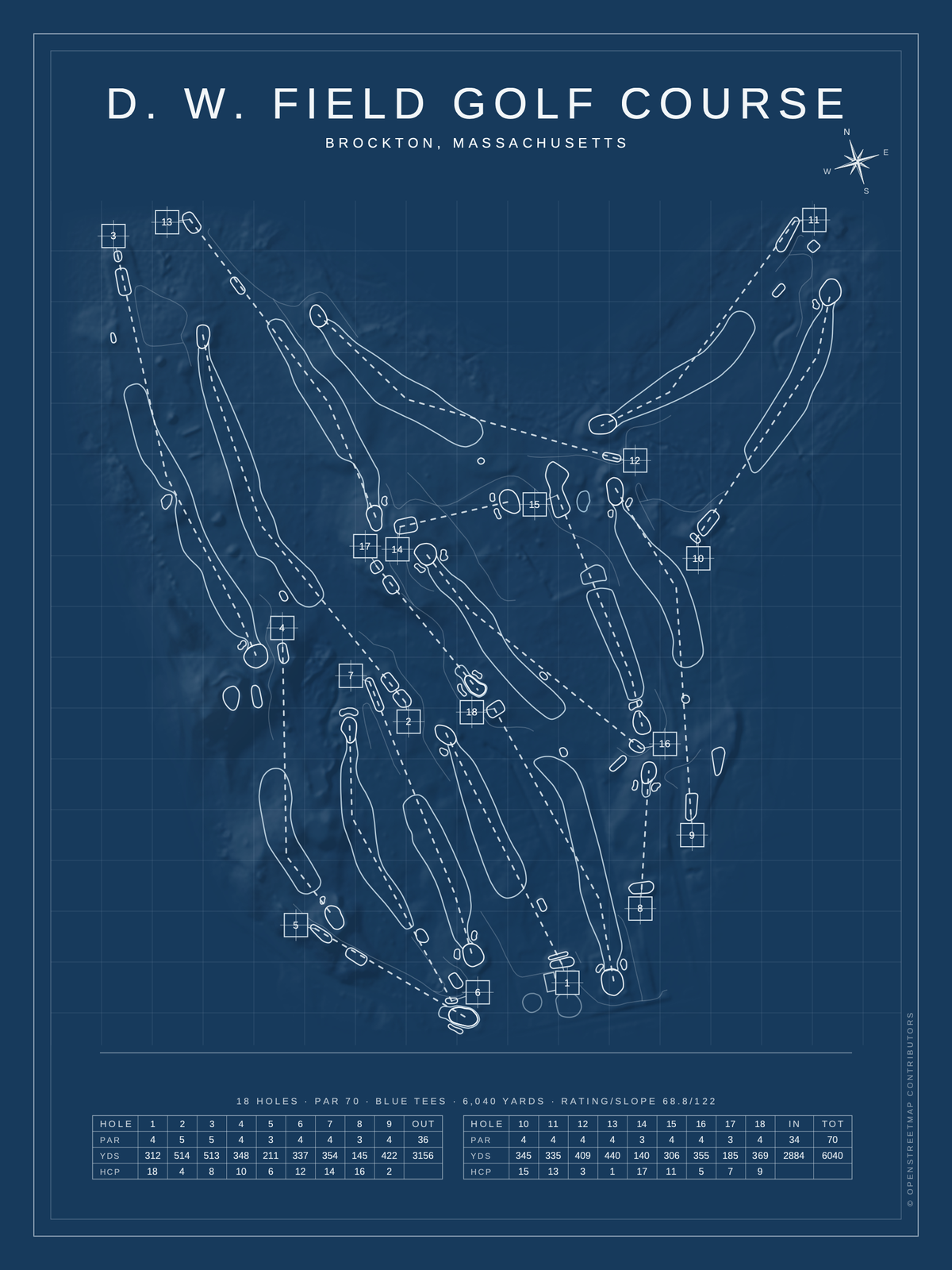 D. W. Field Golf Course map poster, Blueprint style, 12×16 / 18×24
