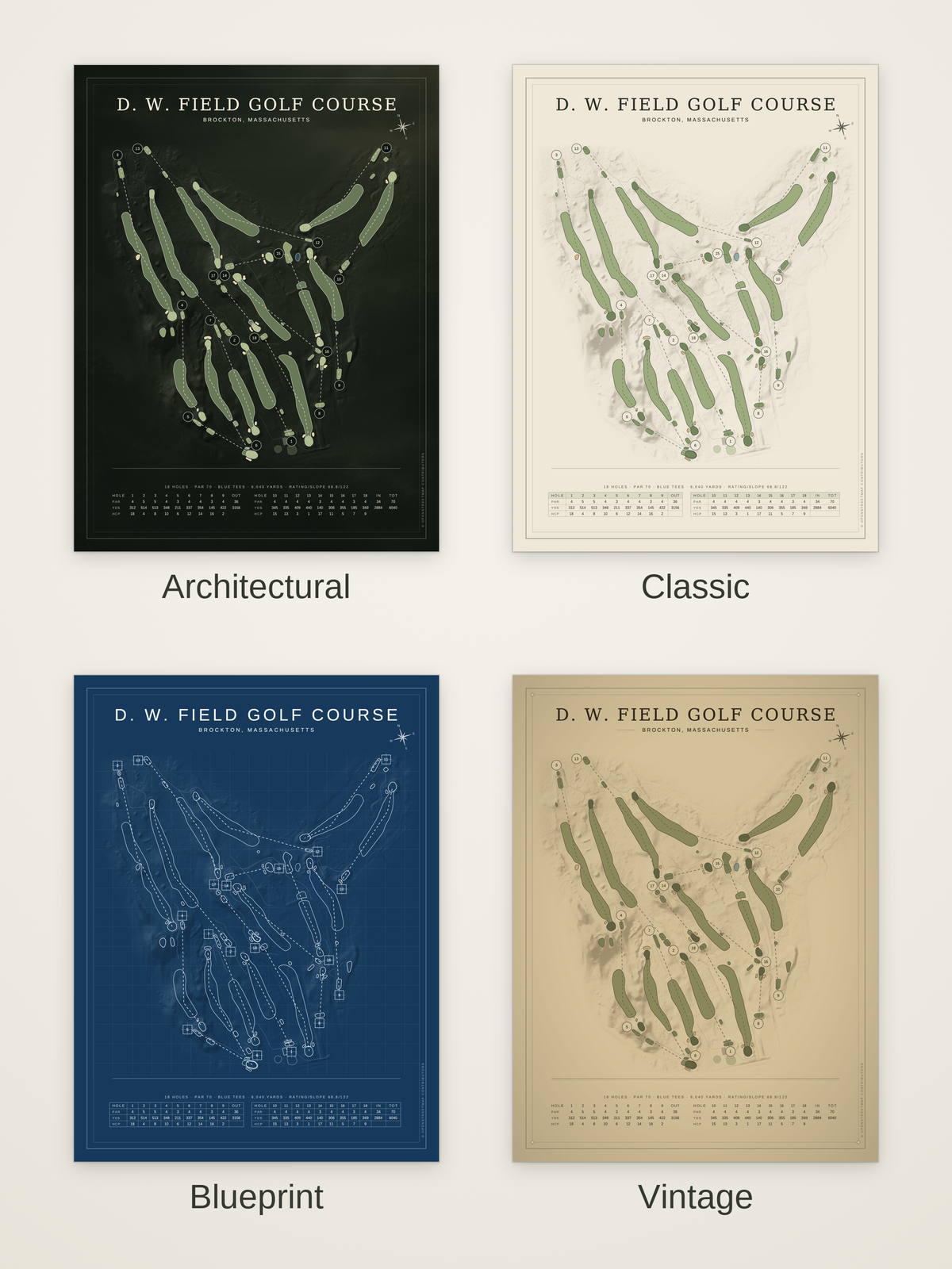 D. W. Field Golf Course map poster in four styles: Architectural, Classic, Blueprint and Vintage