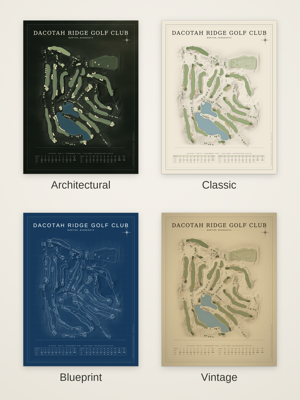 Dacotah Ridge Golf Club course map poster in four styles: Architectural, Classic, Blueprint and Vintage