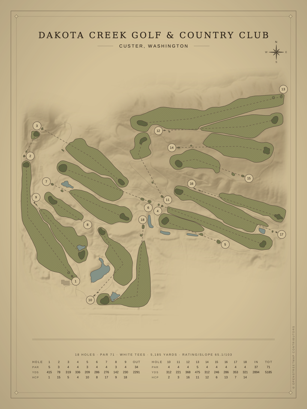 Dakota Creek Golf & Country Club course map poster, Vintage style, 12×16 / 18×24